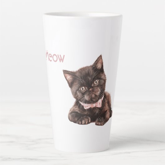 Zwarte Kat Roze Strik Latte Mok (Voorkant)