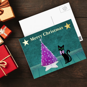 Zwarte Kat Roze Strik Roze Kerstboom Gouden Sterre Folie Feestdagen Briefkaart