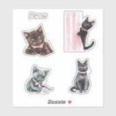 Zwarte Kat Roze Strik Sticker (Vel)