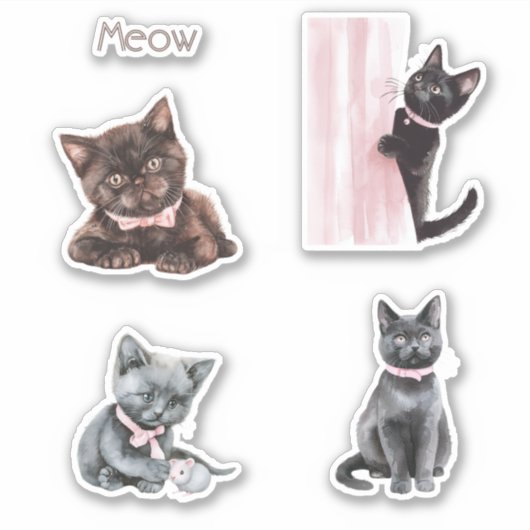 Zwarte Kat Roze Strik Sticker (Voorkant)
