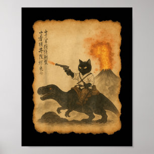 Zwarte kat samoerai rijden dinosaurus vulkaanuitba poster