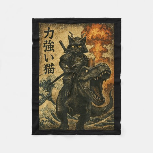 Zwarte Kat Samurai Dinosaurus Zee Golf Fleece Deken (Voorkant)