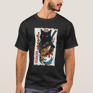 Zwarte Kat Samurai Japanse Kersenbloesem Koi Japa T-shirt