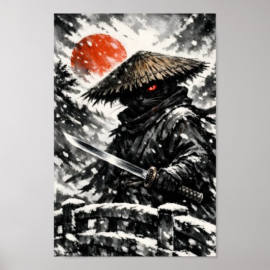 Zwarte Kat Samurai Ronin Katana Winter Zon Sumi-e Poster (Voorkant)