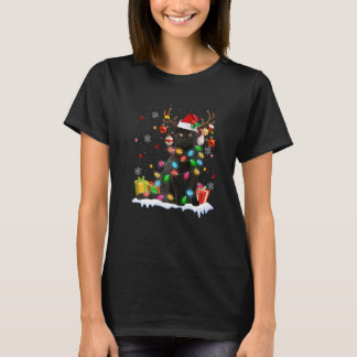 Zwarte Kat Santa Hoed Rendier Kerstverlichting Kat T-shirt