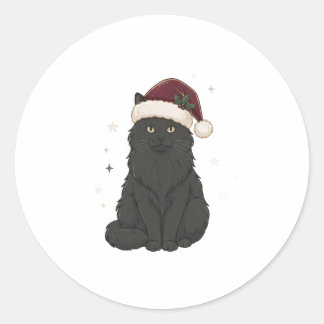 Zwarte Kat Santa Kerststicker Ronde Sticker