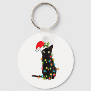 Zwarte Kat Santa Verward In Kerstverlichting _1 Sleutelhanger