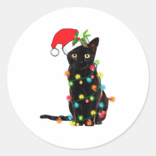 Zwarte Kat Santa Verward In Kerstverlichting  Ronde Sticker