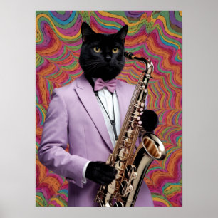 Zwarte kat saxofonist poster