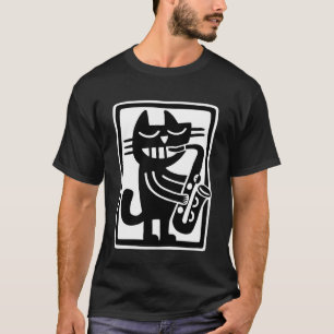 Zwarte Kat Saxofoon spelend Jazz Muziek Retro Kuns T-shirt