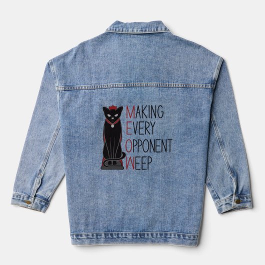 Zwarte Kat Schaakstuk met Tekst Denim Jacket (Achterkant)