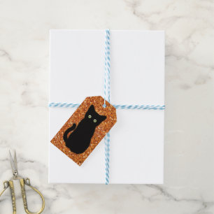 Zwarte kat, schattig katje, mousserend oranje glit cadeaulabel