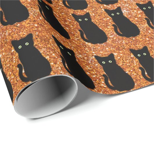 Zwarte kat, schattig katje, mousserend oranje glit cadeaupapier (Rol Hoek)
