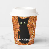 Zwarte kat, schattig katje, mousserend oranje glit papieren bekers (Voorkant)
