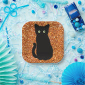 Zwarte kat, schattig katje, mousserend oranje glit papieren bordje (Feest)