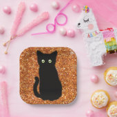 Zwarte kat, schattig katje, mousserend oranje glit papieren bordje (Feest)