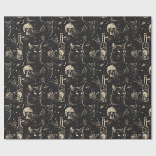 Zwarte kat schedels en vergif Halloween Cadeaupapier (Vlak)