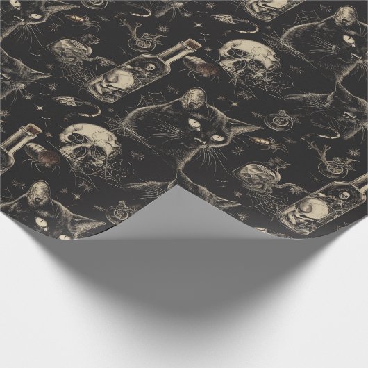 Zwarte kat schedels en vergif Halloween Cadeaupapier (Hoek)