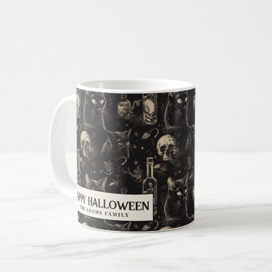 Zwarte kat schedels en vergif Halloween Koffiemok (Voorkant links)