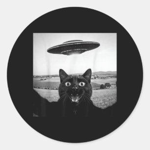 Zwarte Kat Selfie Ufo Alien Grappige Cadeaus Voor Ronde Sticker