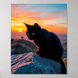 Zwarte Kat Silhouet bij Zonsondergang Muurkunst Poster