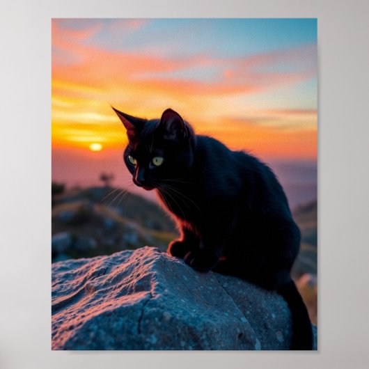Zwarte Kat Silhouet bij Zonsondergang Muurkunst Poster (Voorkant)