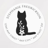 Zwarte Kat Silhouet Bloem Botanisch Minimalistisch Labels (Design 1)