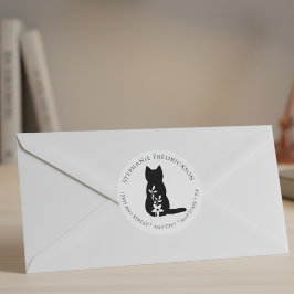 Zwarte Kat Silhouet Bloem Botanisch Minimalistisch Labels