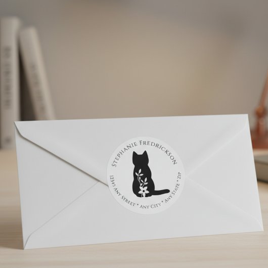 Zwarte Kat Silhouet Bloem Botanisch Minimalistisch Labels