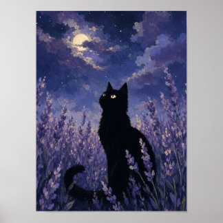 Zwarte Kat Silhouet Muurkunst — Lavendelveld Nacht Poster