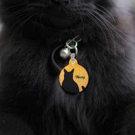 Zwarte kat silhouet op een feestelijke oranje glit huisdierpenning