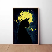 Zwarte kat silhouet op een gele maan poster