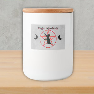 Zwarte kat silhouet op Rode Pentagram Zwarte Manen Voedselcontainer Etiket
