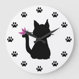 Zwarte Kat Silhouet Roze Vlinder Grote Klok