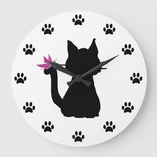 Zwarte Kat Silhouet Roze Vlinder Grote Klok (Voorkant)