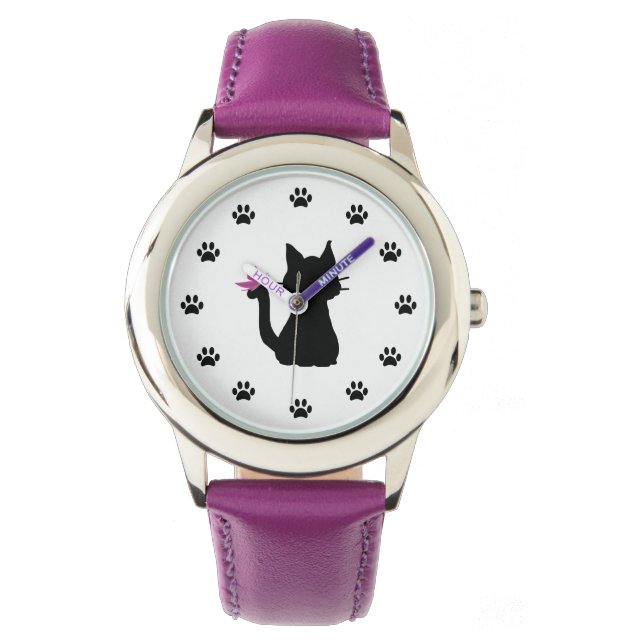 Zwarte Kat Silhouet Roze Vlinder Horloge (Voorkant)