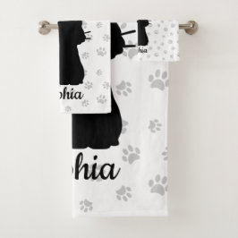 Zwarte Kat Silhouet Roze Vlinder op Staart & Pootj Bad Handdoek