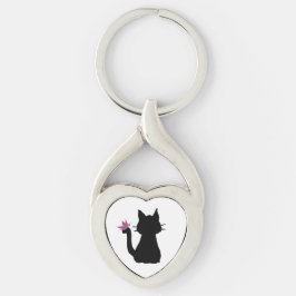 Zwarte Kat Silhouet Roze Vlinder Sleutelhanger