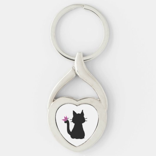 Zwarte Kat Silhouet Roze Vlinder Sleutelhanger (Voorkant)