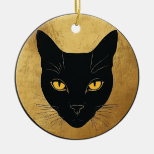 Zwarte kat silhouet tegen een gouden cirkel keramisch ornament