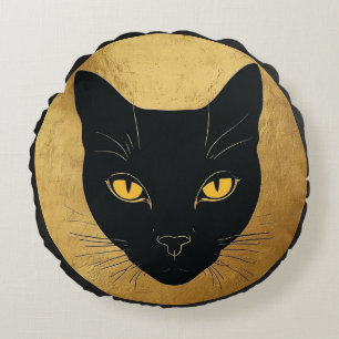 Zwarte kat silhouet tegen een gouden cirkel rond kussen