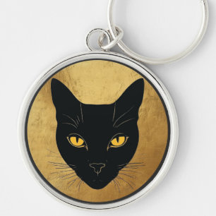 Zwarte kat silhouet tegen een gouden cirkel sleutelhanger