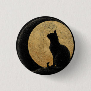 Zwarte kat silhouet tegen een gouden maan ronde button 3,2 cm
