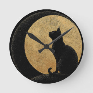 Zwarte kat silhouet tegen een gouden maan ronde klok