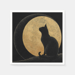 Zwarte kat silhouet tegen een gouden maan servet