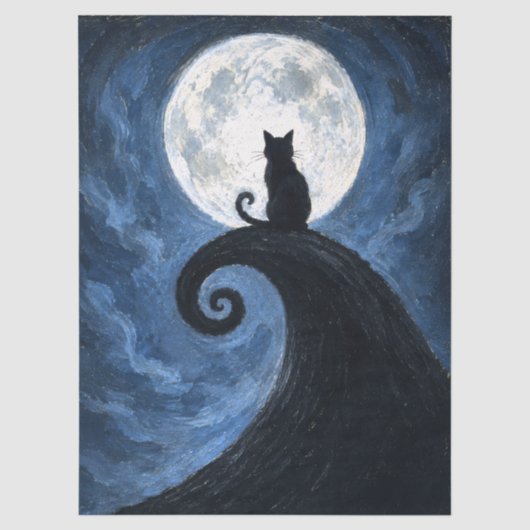 Zwarte Kat Silhouet Vollemaan Decoupage Tissuepapier (Voorkant)