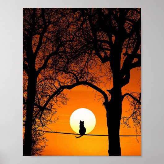 Zwarte Kat Silhouet Zonsondergang Poster (Voorkant)