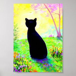 Zwarte kat Silhouette Bloemen Creationarts Poster