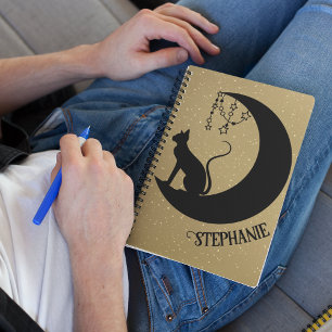 Zwarte kat Silhouette op gouden glitter Night Sky Notitieboek
