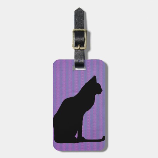 Zwarte kat Silhouette op Paarse strepen Bagagelabel (Voorkant verticaal)